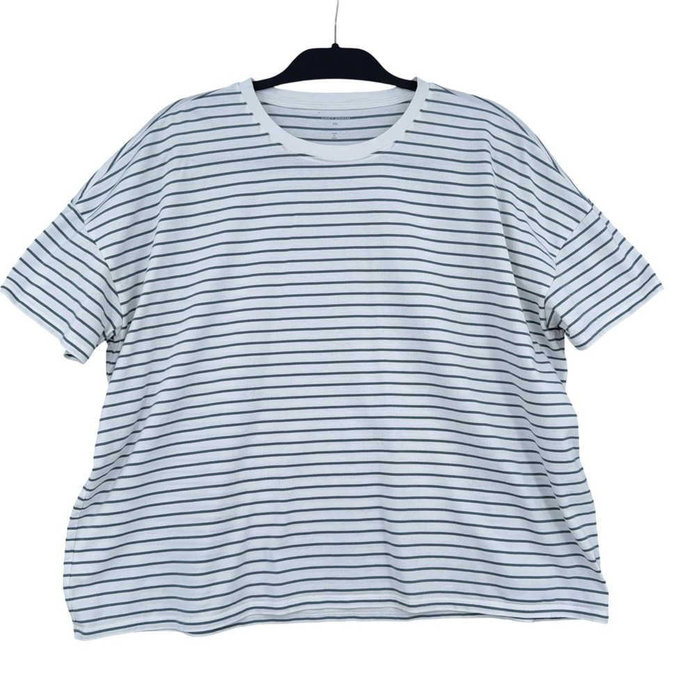 Women's Short Sleeve Crewneck Stripe Tee - White with Blue Stripes